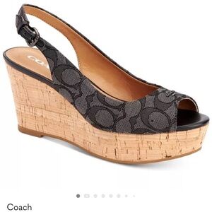COACH Ferry Logo Wedge Sandals Women's Black and Tan Wedge Sandals